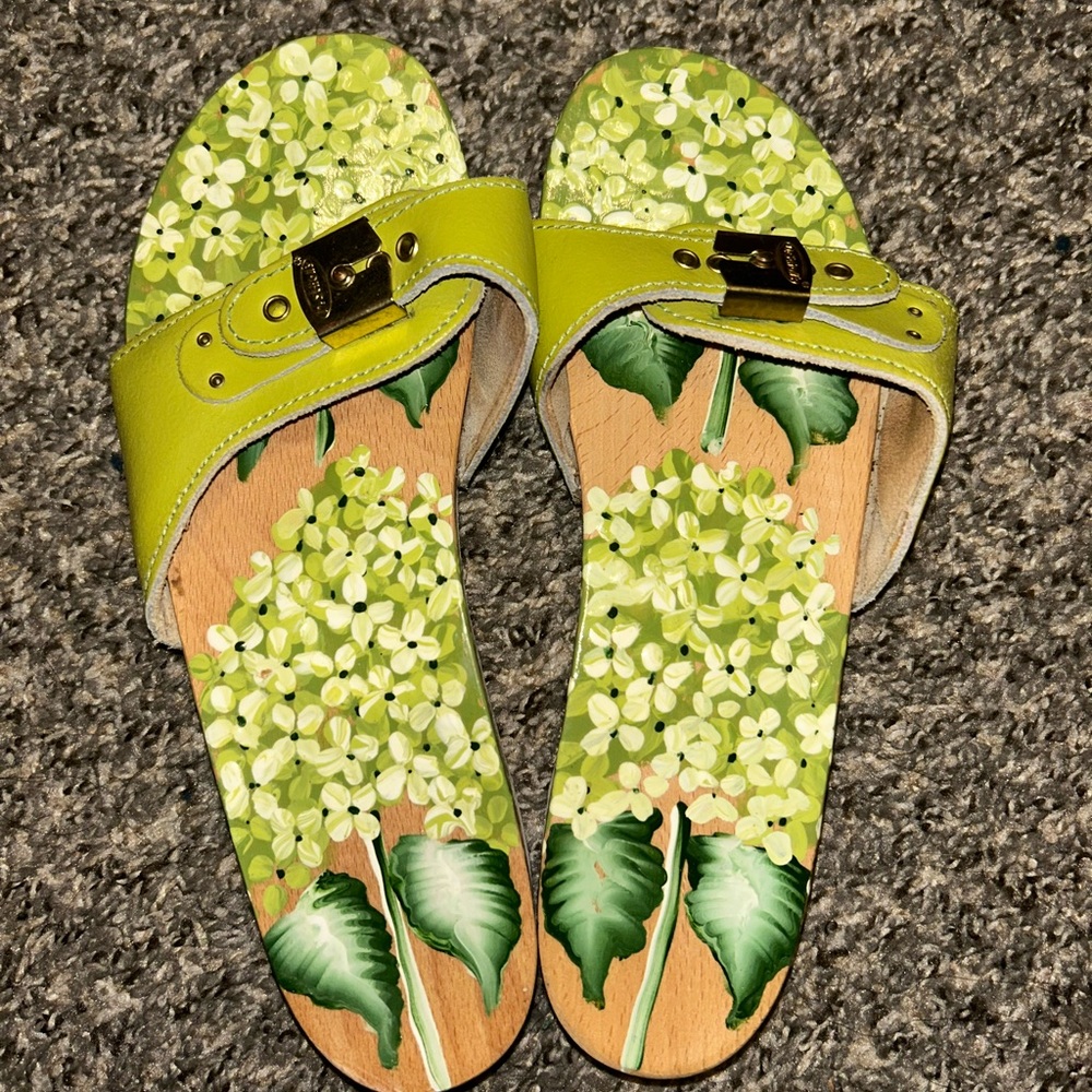 ONE OF A KIND hand painted leafy wooden sandals